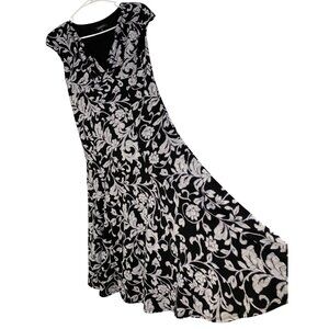 Glamour Black Floral Midi Dress Size 6 S Cap Sleeves V-Neck Lined RO10233 EUC